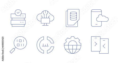 Data icons. Editable stroke. Containing server, cloud computing, data, cloud data, search, circular chart, data integration, data transfer.