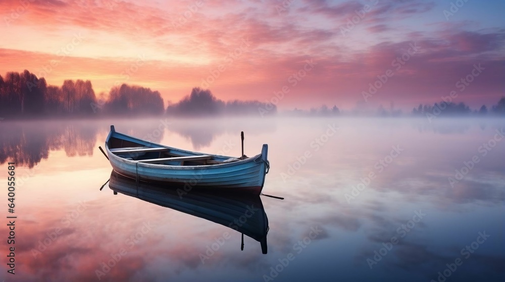 Tranquil dawn: fishing boats on mirrored lake
