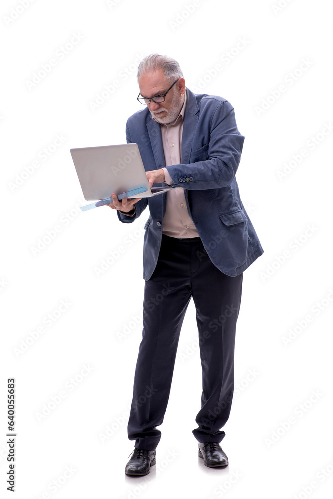 Old businessman with computer isolated on white Old businessman with computer isolated on white