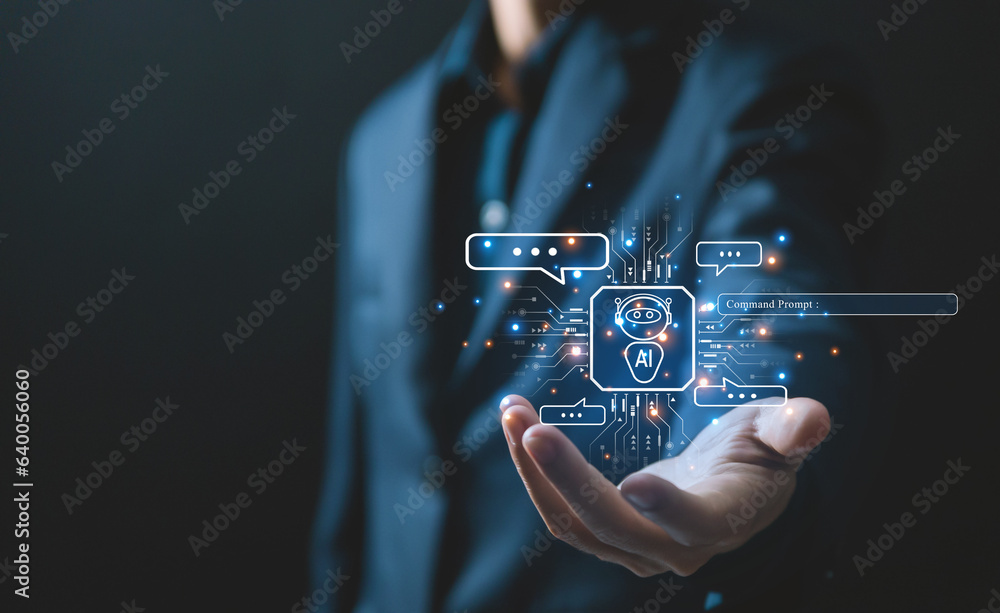 Fototapeta premium Graphical ai chat, Digital Chatbot Assistant Robot genius access internet network data, futuristic technology concept. 