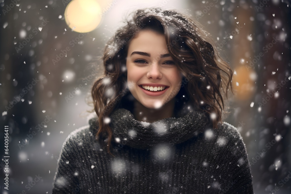 雪が降って嬉しそうな女性 雪が降って嬉しそうな女性