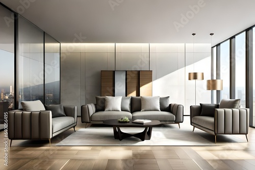 Modern interior design of living room in apartment  house  office  comfortable sofa  bright modern interior detail and light from window on concrete wall background.