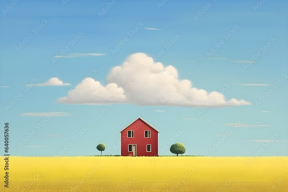 草原の中にポツンと建っている小さな家　with generative ai