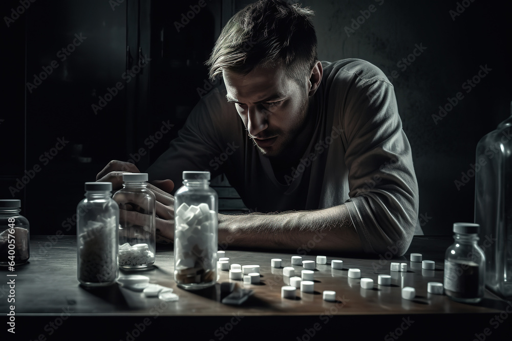 In the case of drug addiction, those affected develop an uncontrollable craving for a specific drug. Painkillers, sedatives and sleeping pills in particular have a high potential for addiction. Al. - obrazy, fototapety, plakaty 