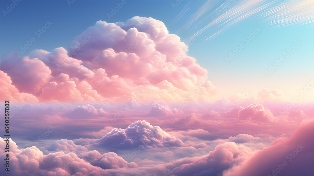 Beautiful aerial view above clouds at sunset, Beautiful cloudscape with blue sky and pink clouds. 3d illustration. Generated AI - obrazy, fototapety, plakaty 