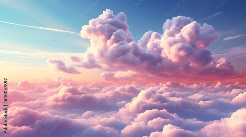 Beautiful aerial view above clouds at sunset, Beautiful cloudscape with blue sky and pink clouds. 3d illustration. Generated AI - obrazy, fototapety, plakaty 