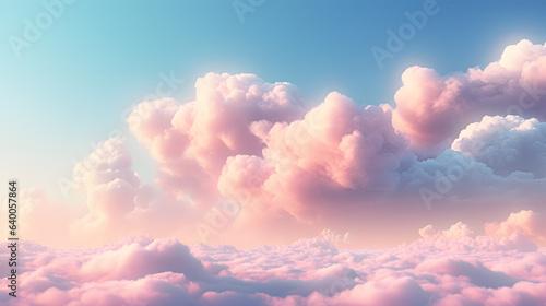 Beautiful aerial view above clouds at sunset, Beautiful cloudscape with blue sky and pink clouds. 3d illustration. Generated AI © wcirco