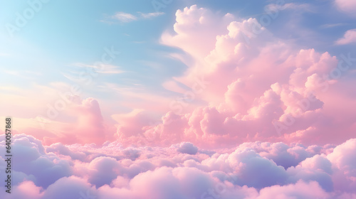 Beautiful aerial view above clouds at sunset, Beautiful cloudscape with blue sky and pink clouds. 3d illustration. Generated AI