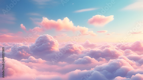 Fototapeta Naklejka Na Ścianę i Meble -  Beautiful aerial view above clouds at sunset, Beautiful cloudscape with blue sky and pink clouds. 3d illustration. Generated AI
