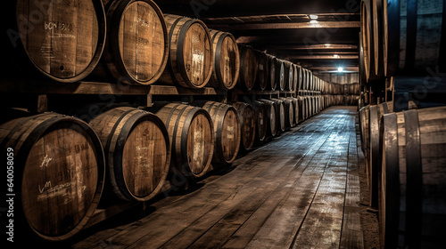 Whiskey, bourbon, scotch barrels in an aging facility. Hand edited. Generative AI
