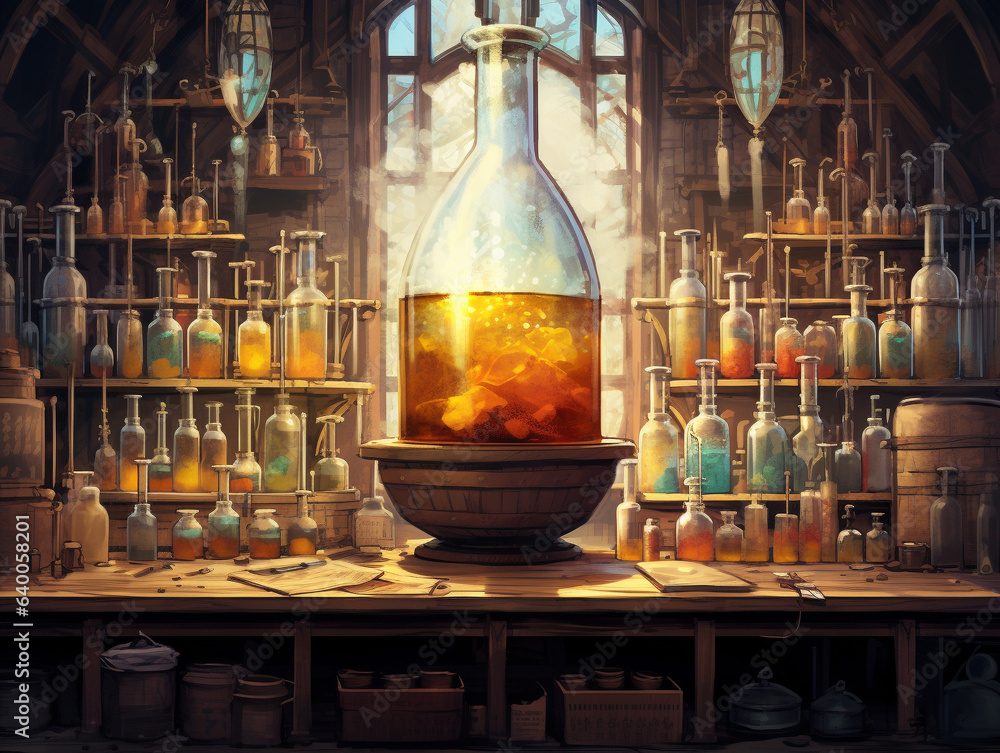 An Illustration of a Grainy Magic Potion Lab with Oversized Vials An Illustration of a Grainy Magic Potion Lab with Oversized Vials