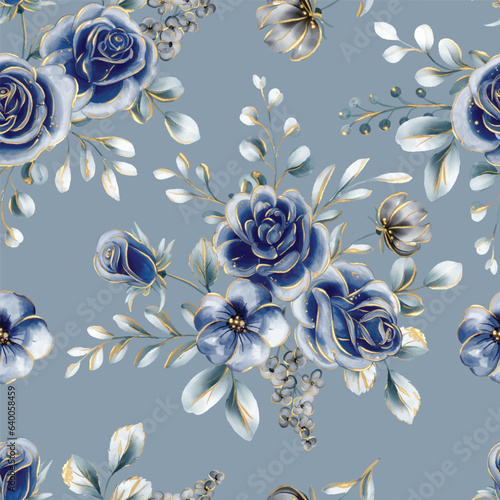 Obraz na plátně Navy Rose Adorned Golden Glitter Seamless Pattern