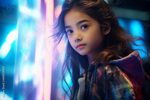 Portrait of a beautiful young Asian girl in the city at night