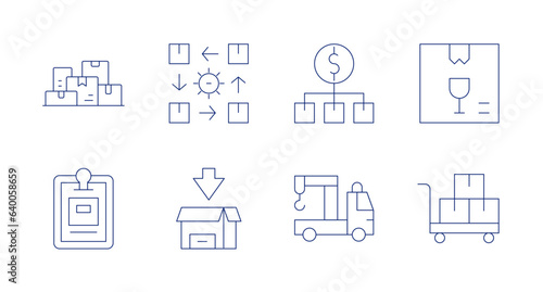 Logistics icons. Editable stroke. Containing boxes, rotation, value chain, fragile, clipboard, delivery box, tow truck, trolley. © Spaceicon