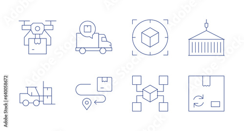 Logistics icons. Editable stroke. Containing drone, delivery truck, target, container, forklift, delivery, distribution, recycled.
