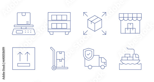 Logistics icons. Editable stroke. Containing scale, shelf, distribution, commerce, side up, delivery cart, truck, freight.