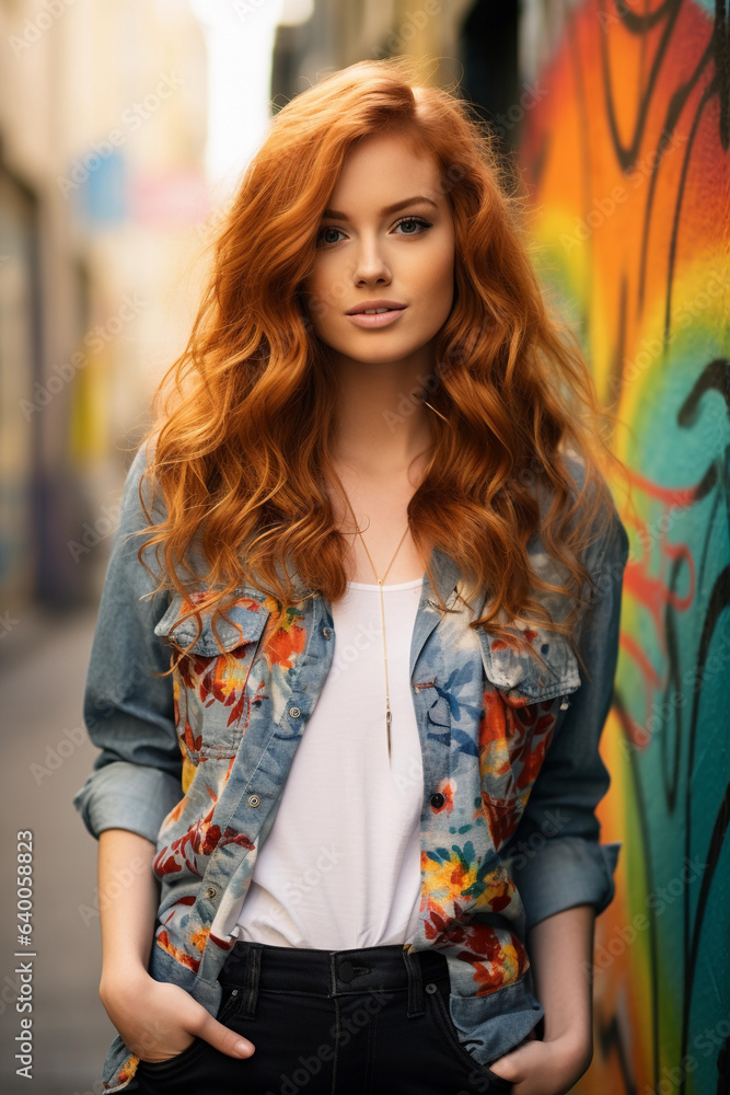Beautiful redhead girl with long curly hair, dressed in casual clothes, posing in an urban context