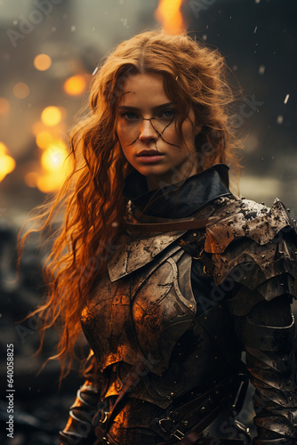 Portrait of a fantasy warrior woman in armor on the background of fire.