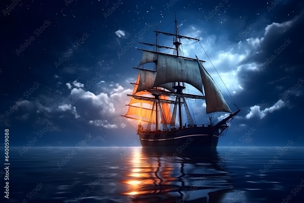 Fototapeta premium 夜の海に浮かぶ帆船