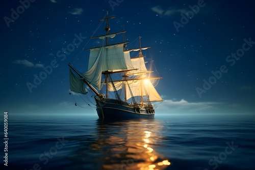夜の海に浮かぶ帆船