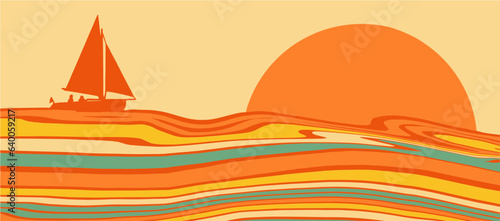 A sailboat and two passengers are seen in front of a colorful graphic sunset design in an illustration about vacation and travel and boating.