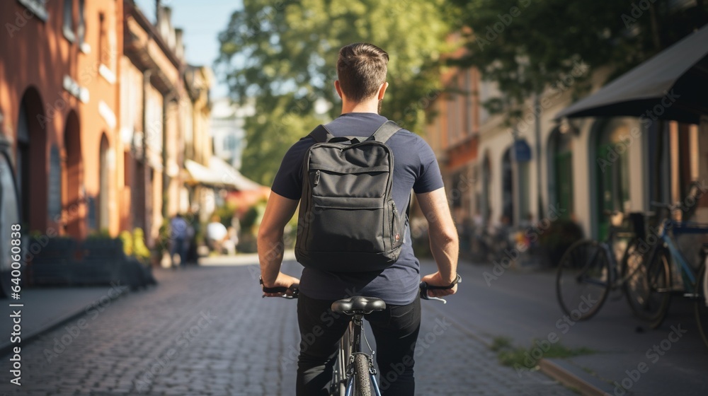 An image of a back view of a man wearing a black short-sleeved shirt and a black rucksack challenging a bicycle.