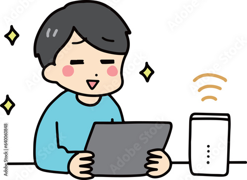 快適にインターネットを使っている私服の若い男性(上半身)
