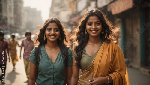 Two young Indian or Asia women smiling in the city