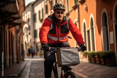Food delivery man delivering food in the city while riding a bicycle