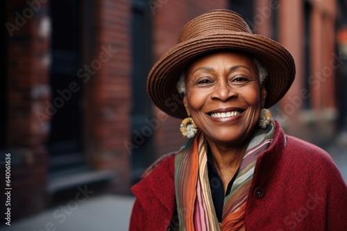 Smiling portrait of a african american senior woman standing with a red brick wall behind her