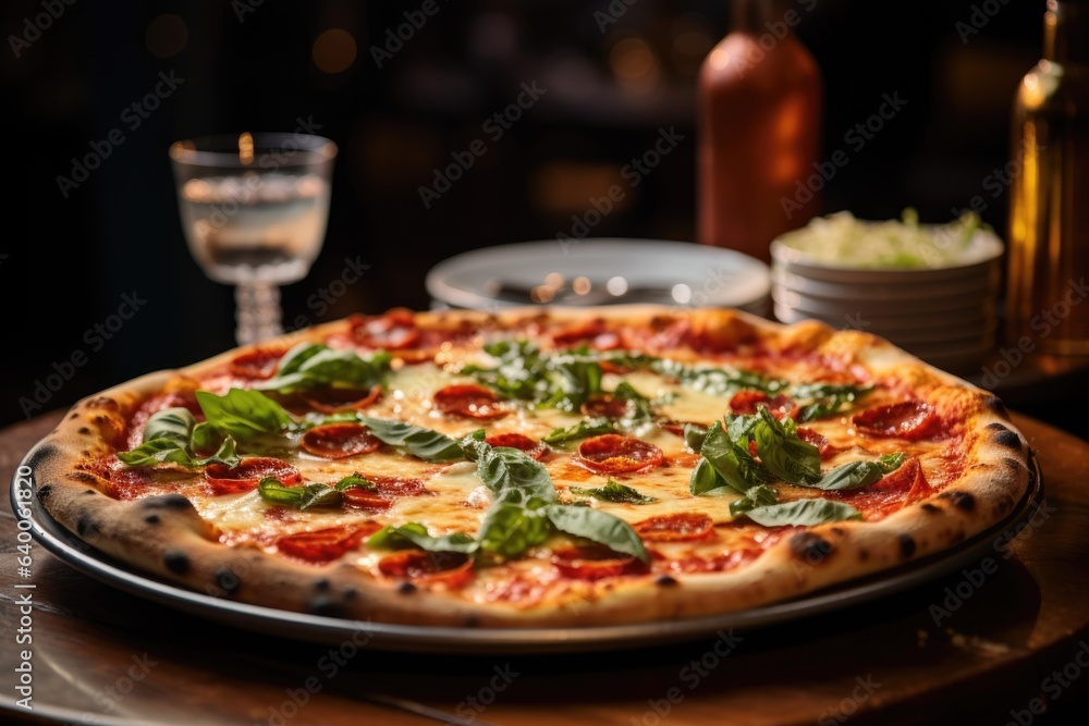 Fresh pizza served in a italian restaurant without people