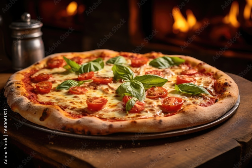 Fresh pizza served in a italian restaurant without people
