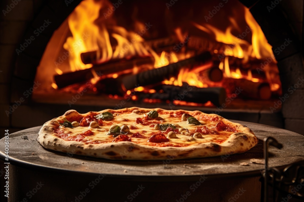 A close-up of a Neapolitan pizza, fresh from a wood-fired oven. Perfect dough, vibrant ingredients, crafted by a skilled pizzaiolo; no people present - obrazy, fototapety, plakaty 