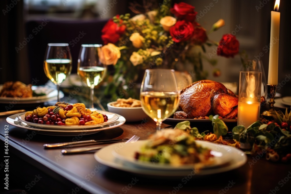 Cozy thanksgiving dinner table with plenty of food and wine without people