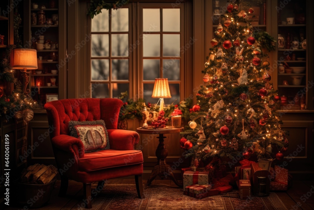 The interior of a cozy home is thoughtfully adorned in preparation for the Christmas and New Year Holidays celebrations, exuding warmth and festive charm.