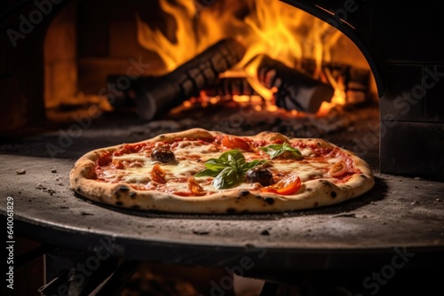 A close-up of a Neapolitan pizza  fresh from a wood-fired oven. Perfect dough  vibrant ingredients  crafted by a skilled pizzaiolo  no people present