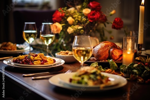 Cozy thanksgiving dinner table with plenty of food and wine without people