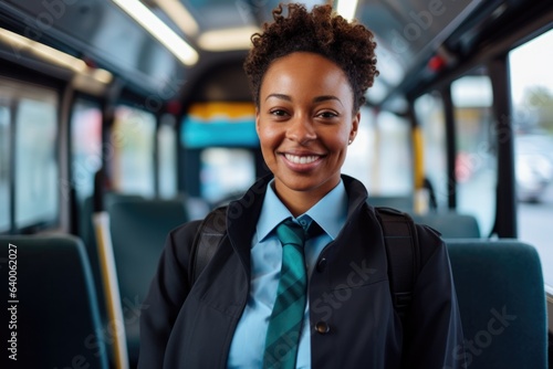 Smiling portrait of a young female african american bus driver working driving buses in the city photo