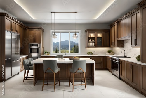 Open the doors to culinary grandeur within the  Interior of a Luxury Kitchen.  The carefully curated layout  enriched by premium materials  showcases a harmonious blend of modern aesthetics 