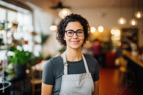 Smiling portrait of a young caucasian female barista working in a cafe bar