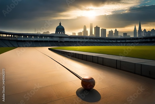 Write a descriptive passage that captures the stillness and anticipation of a cricket ground. Describe the scene with a focus on the solitary presence of a bat, bowl, and stumps, highlighting the sens