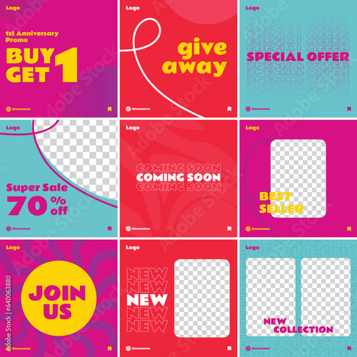 set of icons for Instagram Social Media Design Post Template Set Editable Frames Decorated with Aesthetic Lines. Suitable for Promotion, give away, special office, join us on a colorful background.