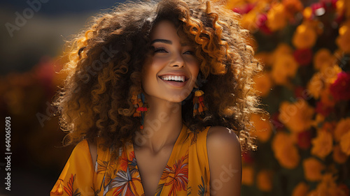 beautiful woman with afro hair smiling on bright background, smiling portrait