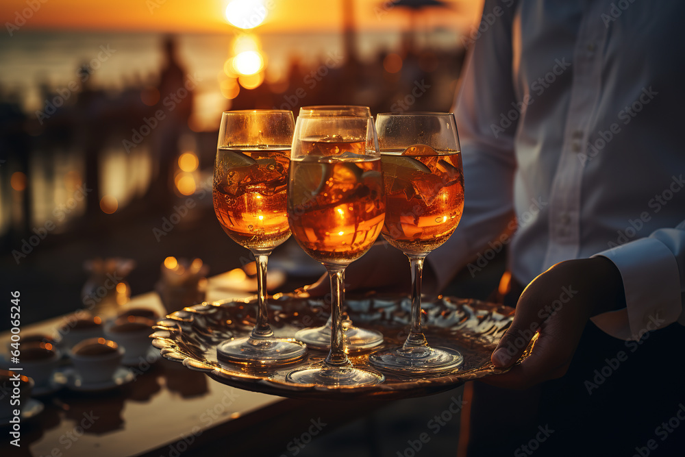 Waiter serving champagne on a tray. Summer beach sunset holiday vacation. Generative AI