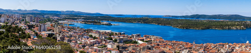 Panorama  wide shot of the Sibenik  Croatia. Aerial view of the Sibenik old city and adriatic sea. Dalmatia. Panorama of the mediterranean city of Sibenik