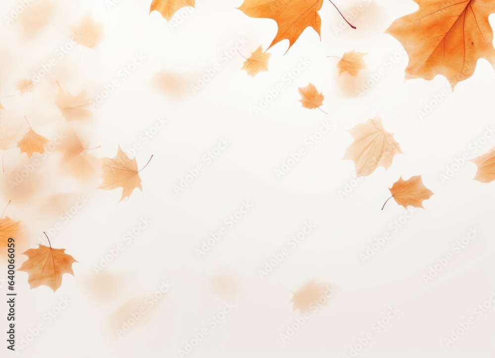 Falling autumn leaves set against a crisp white background with a selective focus creating a dreamy effect