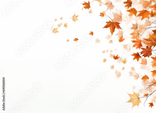 Autumn leaves gently descending against a pristine white backdrop  captured with a selective focus for an ethereal feel