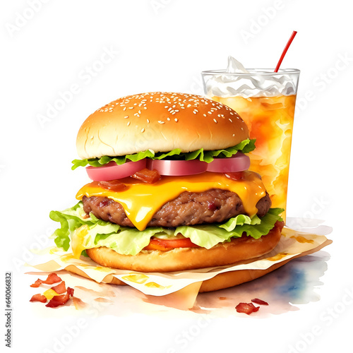 A delicious burger with soft drink