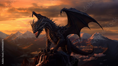 Photo realistic  beautiful majestic black dragon  opulent  mountain background sunset