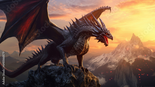 Photo realistic, beautiful majestic black dragon, opulent, mountain background sunset © JKLoma